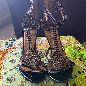 Sam Edelman NWOT HTF  Nilla Black Heeled Sandals, Bronze Beaded Front Accent